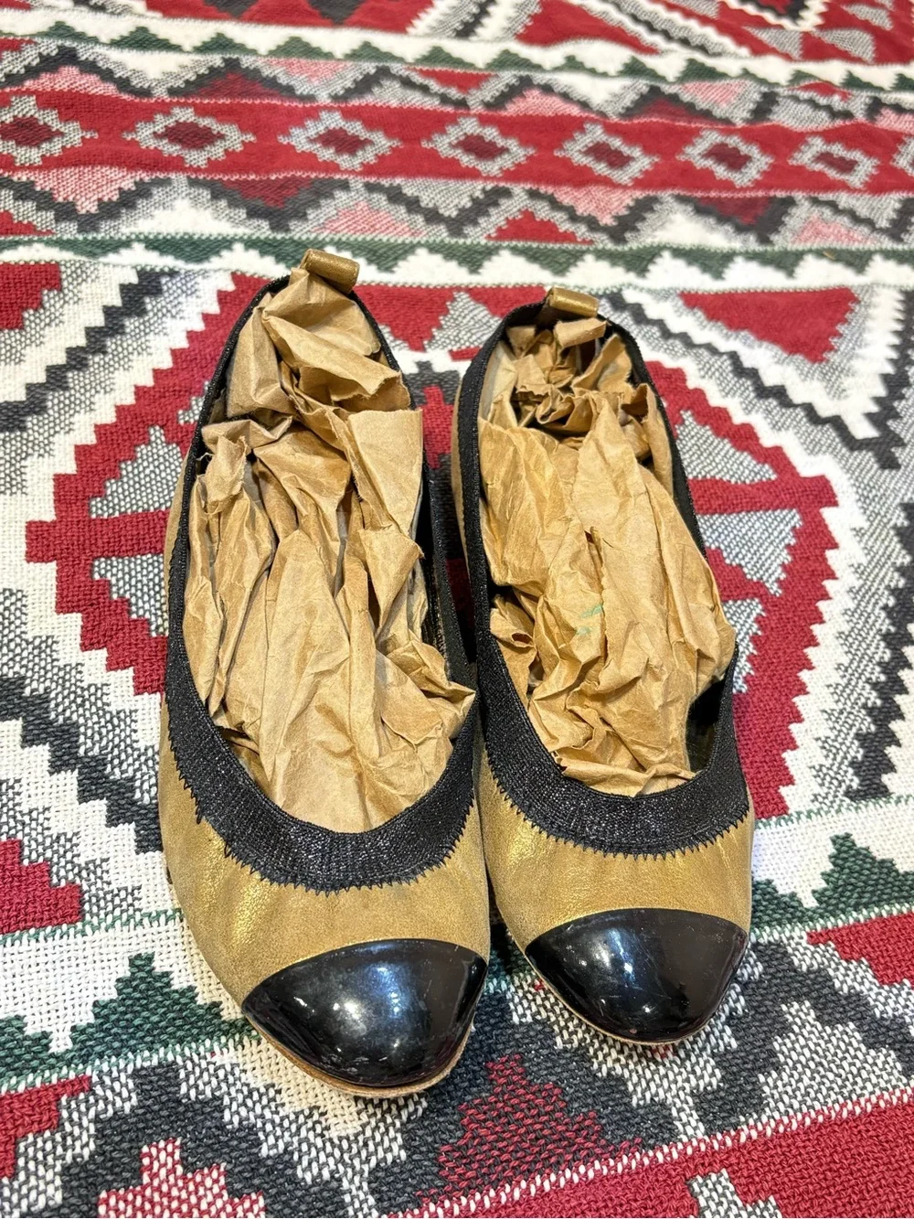 Chanel Gold and Black Cap-Toe Ballet Flats